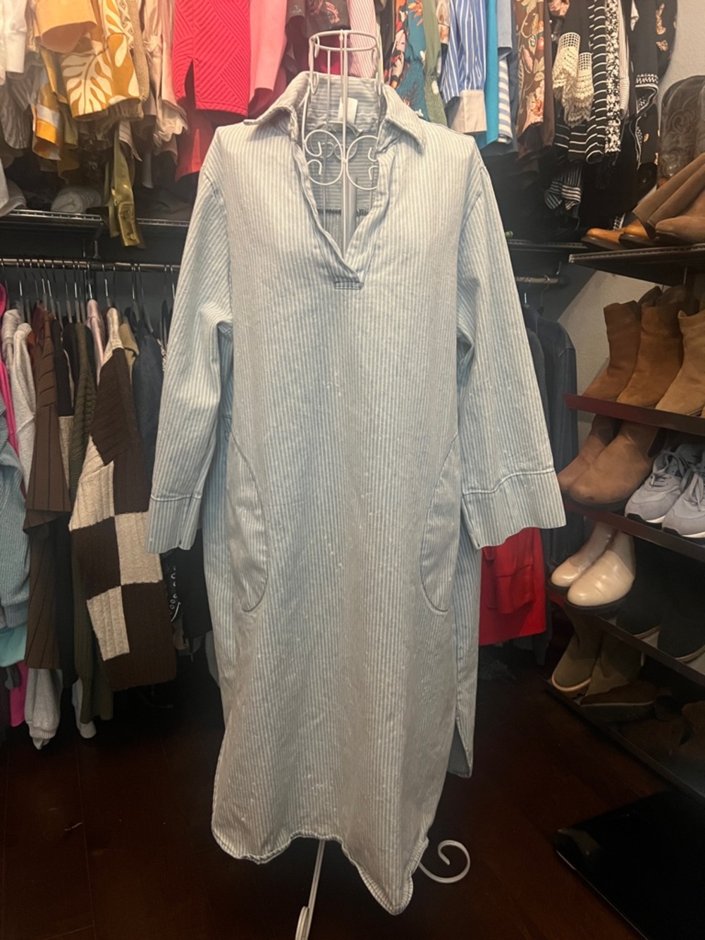 Light Blue Striped Midi Shirt Dress - Classic Collared Women’s Dress